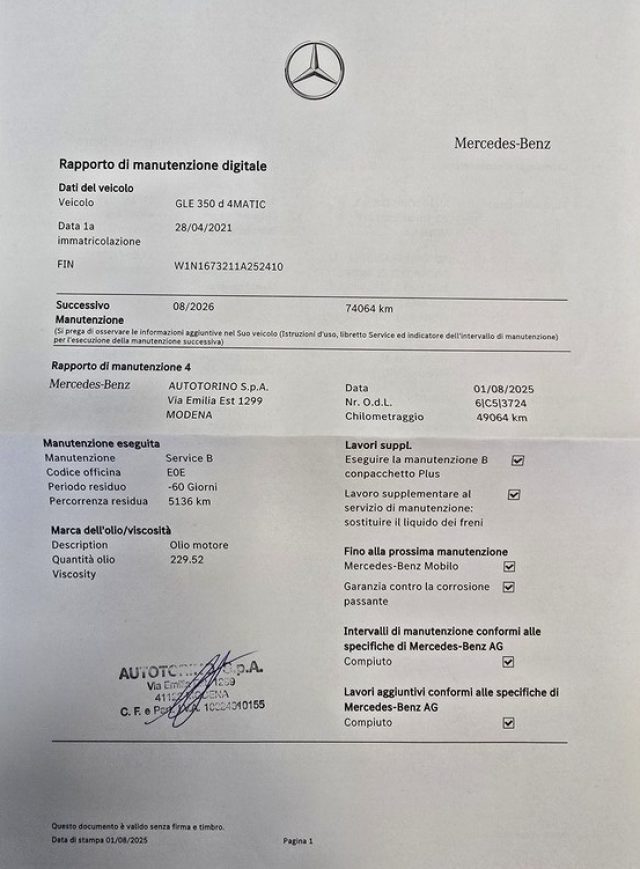 MERCEDES-BENZ GLE 350 usata, con Cronologia tagliandi